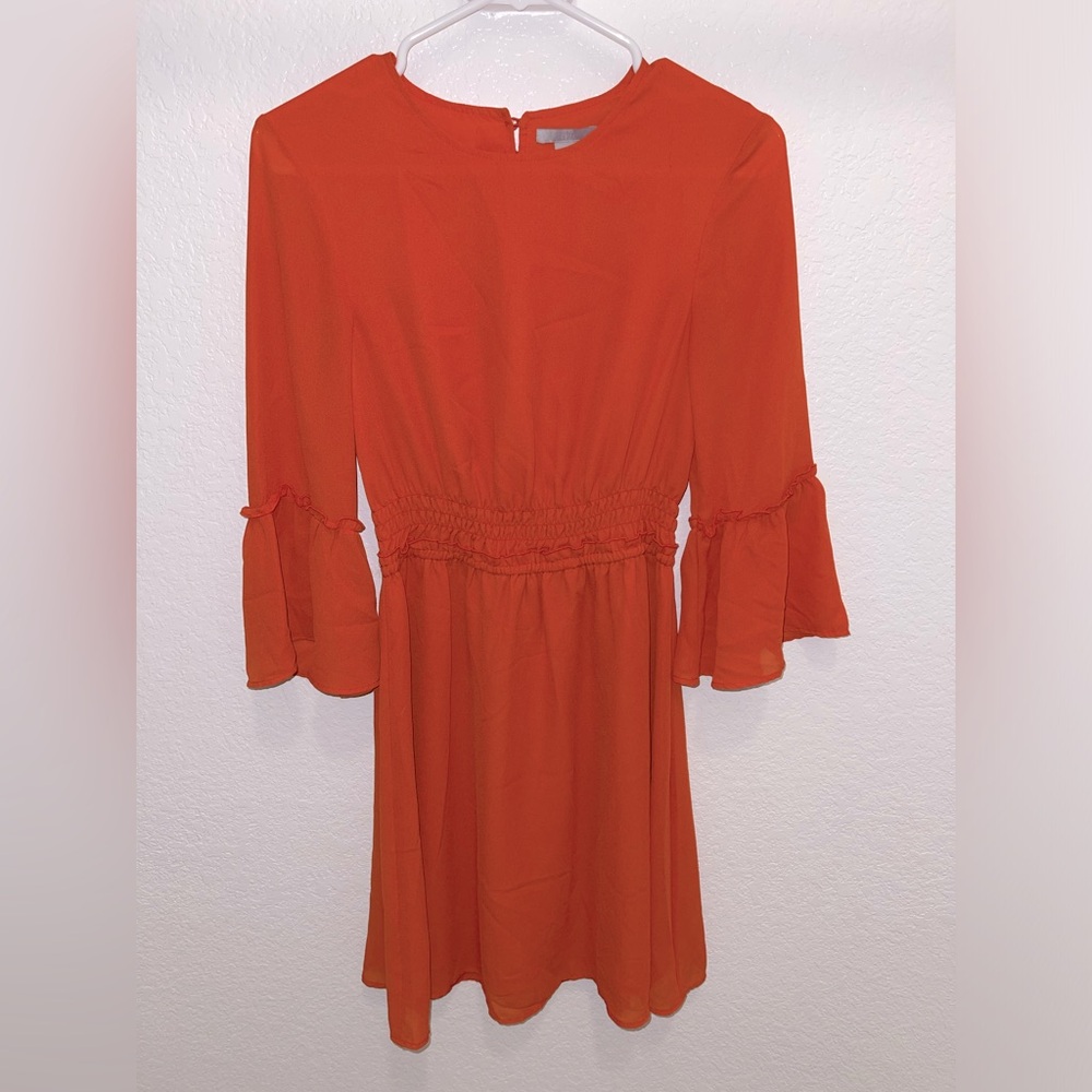 H&M Orange Ruffled Pleated Sundress with Bell Sleeves